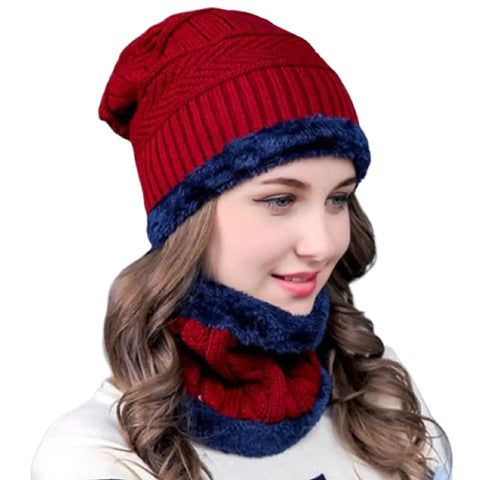 Beanie Cap for Women with Scarf | Winter Wear Set (Maroon)