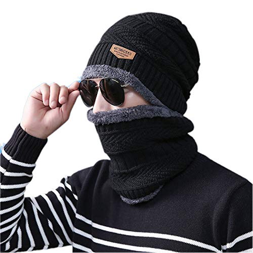 Men’s Winter Beanie Hat & Woolen Scarf Set (Black)