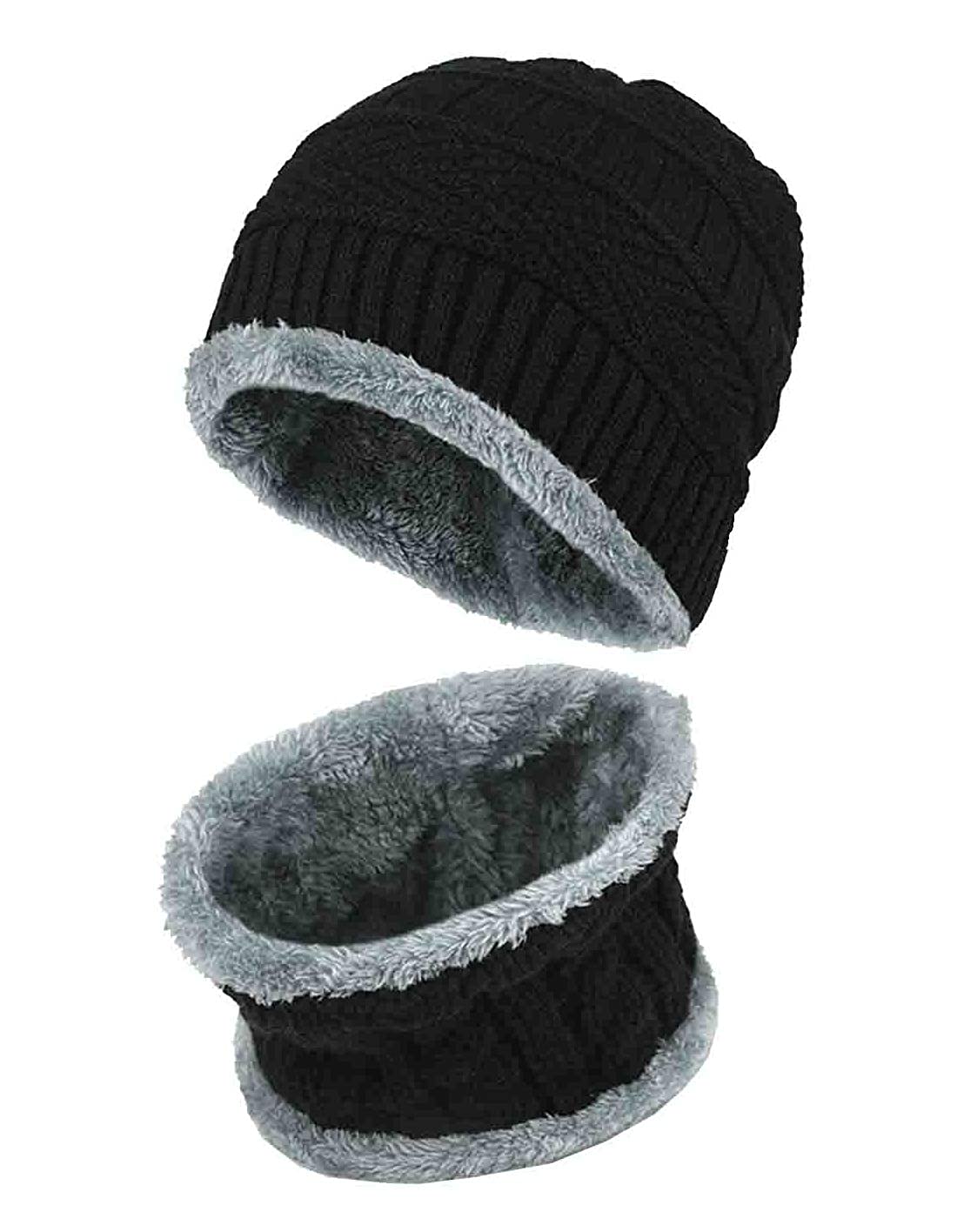 Men’s Winter Beanie Hat & Woolen Scarf Set (Black)