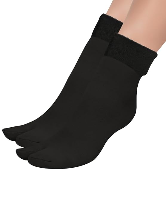 TENDSY Women's Winter Thermal Socks with Fur Lining | Nylon Thumb Socks | Ankle Length | Pack of 3 (Black & Skin Color)