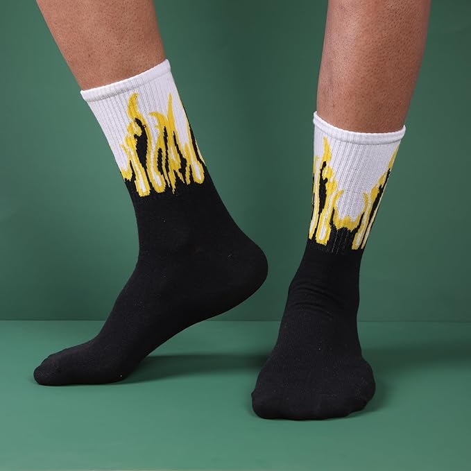 TENDSY Socks for Men & Women | Pack of 7 Pairs | Multicolored Flame Print Cotton Crew Socks | Free Size Breathable & Casual Socks for Sports, Gym & Daily Use