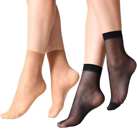 TENDSY 10 Pairs Ultra-Thin Transparent Nylon Socks for Women & Girls | Summer Skinny Ankle Length Stockings | Soft Elastic Free Size Socks | Black & Beige | Formal & Casual Wear