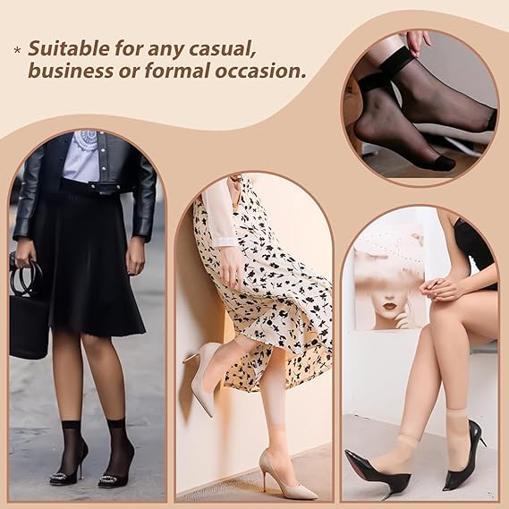 TENDSY 10 Pairs Ultra-Thin Transparent Nylon Socks for Women & Girls | Summer Skinny Ankle Length Stockings | Soft Elastic Free Size Socks | Black & Beige | Formal & Casual Wear