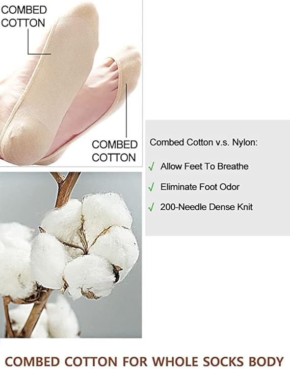 TENDSY Women No Show Socks, Ultra Low Cut Invisible Liner Socks, Non Slip Grip Cotton Socks for Flats, Loafers, Sneakers, Black & Beige, 6 Pairs, Comfortable Breathable Fit