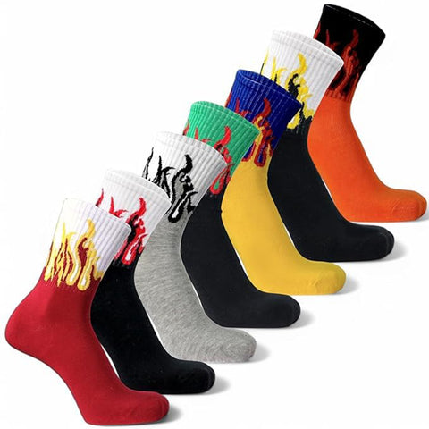 TENDSY Socks for Men & Women | Pack of 7 Pairs | Multicolored Flame Print Cotton Crew Socks | Free Size Breathable & Casual Socks for Sports, Gym & Daily Use