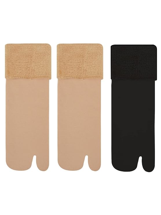 TENDSY Women's Winter Thermal Socks with Fur Lining | Nylon Thumb Socks | Ankle Length | Pack of 3 (Black & Skin Color)