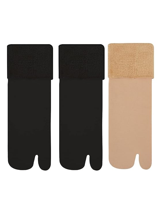 TENDSY Women's Winter Thermal Socks with Fur Lining | Nylon Thumb Socks | Ankle Length | Pack of 3 (Black & Skin Color)