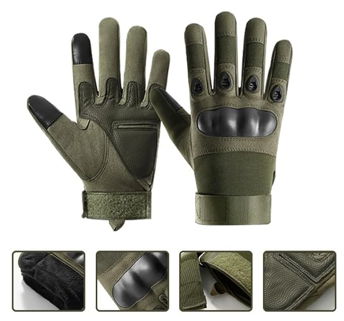 TENDSY Full Finger Hard Knuckle Bike Gloves for Men | Motorcycle, Cycling, Gym & Fitness | Breathable, Anti-Slip, Army Shooting Gloves | Free Size (Green)