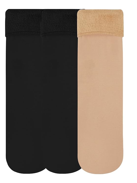 TENDSY Women's Thermal Fleece Winter Socks, Pack of 3, Black and Beige