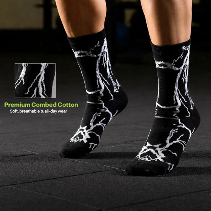 TENDSY Men’s and Women's Crew Socks Pack of 5 - Lightning Bolt Printed Cotton Athletic Sports Socks for Gym, Running & Casual Wear - Breathable Comfort, Free Size (Multicolor)