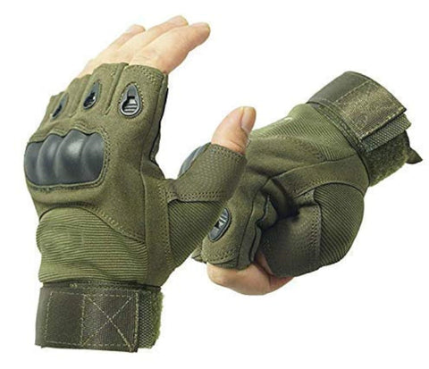 TENDSY Motorcycle & Biker Riding Gloves for Men | Half Finger with Hard Knuckle Punch Protection | Non-Slip Padded Tactical Gloves for Bike Riders (Green)