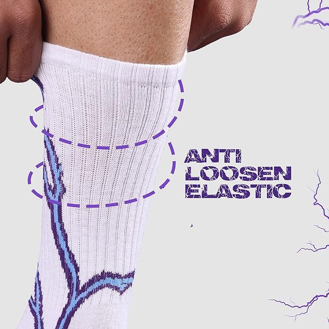 TENDSY Men’s and Women's Crew Socks Pack of 5 - Lightning Bolt Printed Cotton Athletic Sports Socks for Gym, Running & Casual Wear - Breathable Comfort, Free Size (Multicolor)