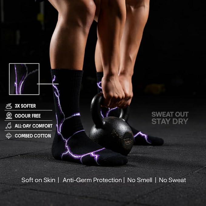 TENDSY Men’s and Women's Crew Socks Pack of 5 - Lightning Bolt Printed Cotton Athletic Sports Socks for Gym, Running & Casual Wear - Breathable Comfort, Free Size (Multicolor)