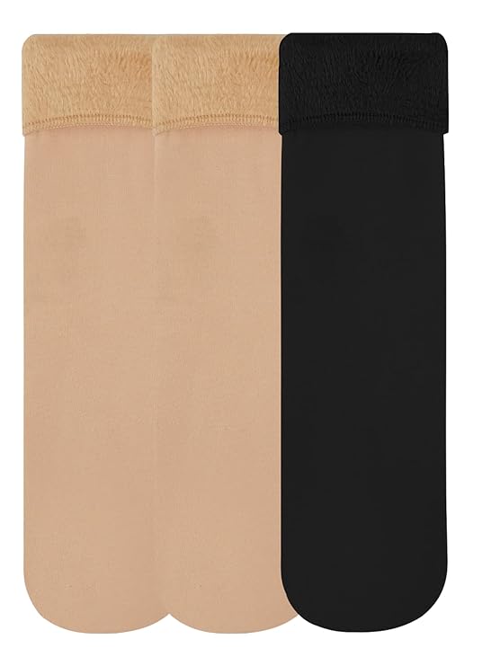 TENDSY Women's Thermal Fleece Winter Socks, Pack of 3, Black and Beige