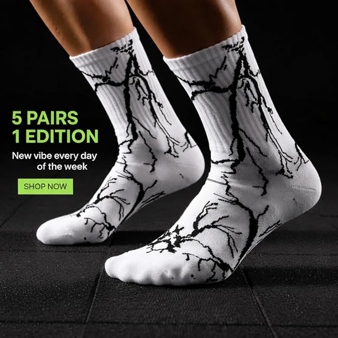 TENDSY Men’s and Women's Crew Socks Pack of 5 - Lightning Bolt Printed Cotton Athletic Sports Socks for Gym, Running & Casual Wear - Breathable Comfort, Free Size (Multicolor)