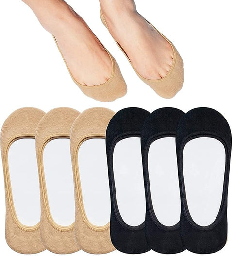 TENDSY Women No Show Socks, Ultra Low Cut Invisible Liner Socks, Non Slip Grip Cotton Socks for Flats, Loafers, Sneakers, Black & Beige, 6 Pairs, Comfortable Breathable Fit