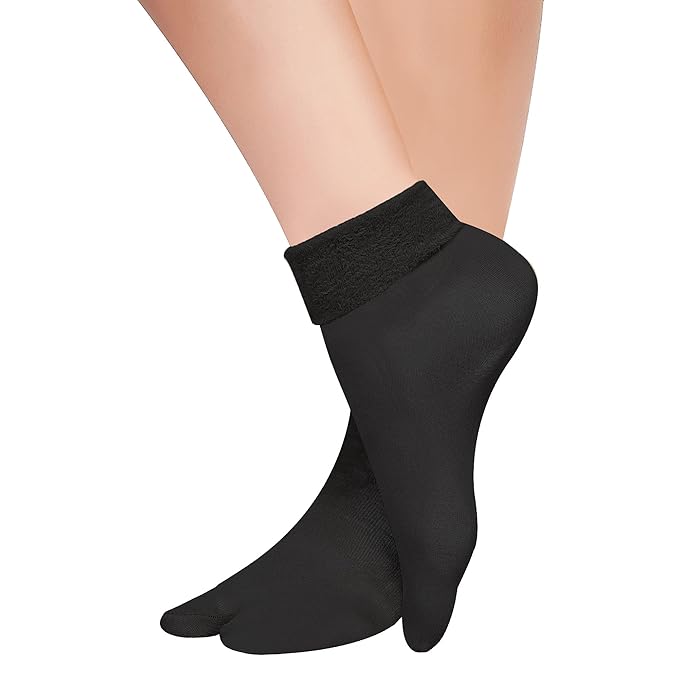 TENDSY Women's Winter Thermal Socks with Fur Lining | Nylon Thumb Socks | Ankle Length | Pack of 3 (Black & Skin Color)