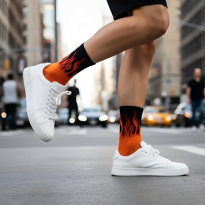 TENDSY Socks for Men & Women | Pack of 7 Pairs | Multicolored Flame Print Cotton Crew Socks | Free Size Breathable & Casual Socks for Sports, Gym & Daily Use