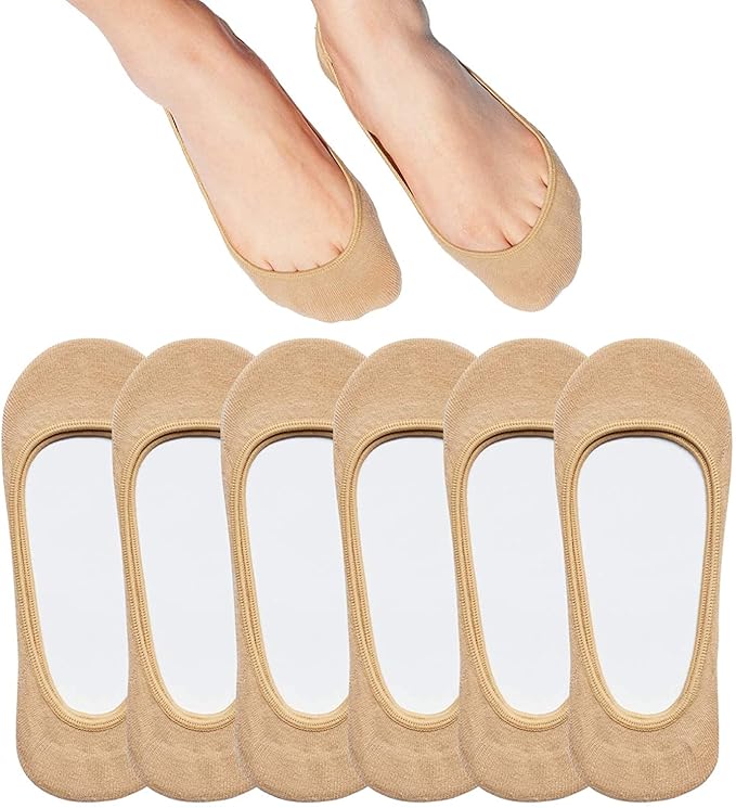 TENDSY Women No Show Socks, Ultra Low Cut Invisible Liner Socks, Non Slip Grip Cotton Socks for Flats, Loafers, Sneakers, Black & Beige, 6 Pairs, Comfortable Breathable Fit