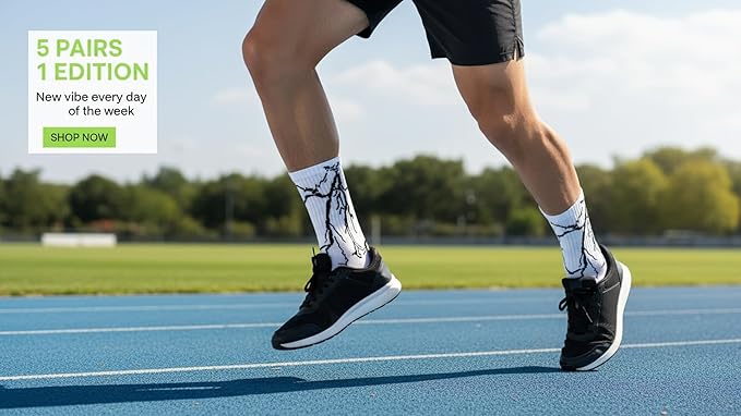 TENDSY Men’s and Women's Crew Socks Pack of 5 - Lightning Bolt Printed Cotton Athletic Sports Socks for Gym, Running & Casual Wear - Breathable Comfort, Free Size (Multicolor)