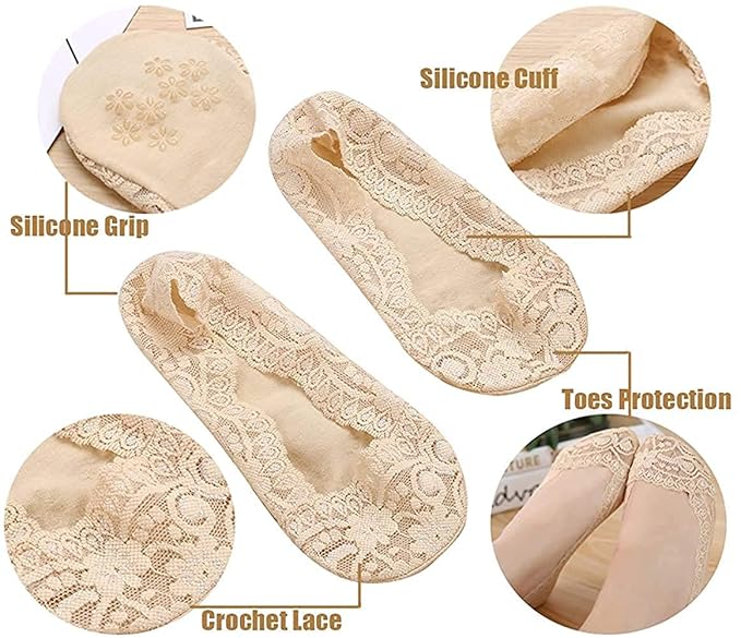 TENDSY No-Show Lace Socks, Pack of 5, Multicolour