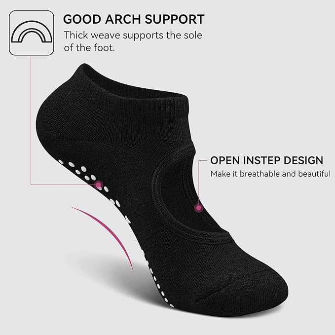 TENDSY Women’s Yoga & Pilates Socks – Anti-Skid Cotton Ankle Socks with Grippers for Workout, Barre, Gym & Home – Non-Slip Open Top Ballet Style Grip Socks (Black, Pack of 1 Pair)