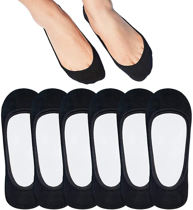 TENDSY Women No Show Socks, Ultra Low Cut Invisible Liner Socks, Non Slip Grip Cotton Socks for Flats, Loafers, Sneakers, Black & Beige, 6 Pairs, Comfortable Breathable Fit