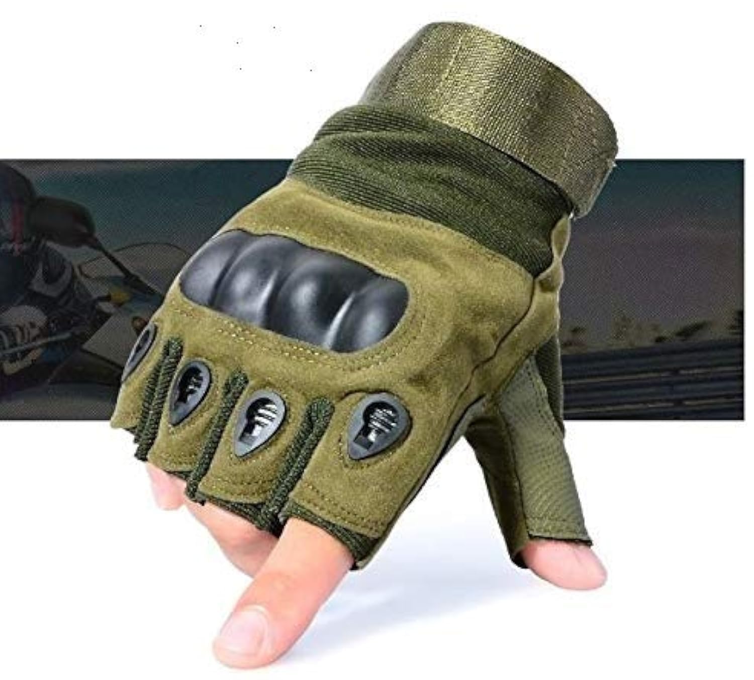 TENDSY Motorcycle & Biker Riding Gloves for Men | Half Finger with Hard Knuckle Punch Protection | Non-Slip Padded Tactical Gloves for Bike Riders (Green)