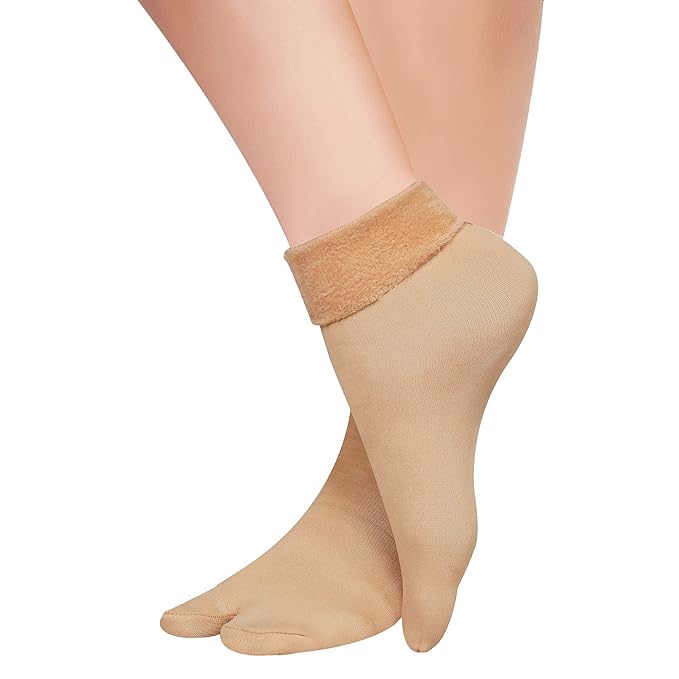 TENDSY Women's Winter Thermal Socks with Fur Lining | Nylon Thumb Socks | Ankle Length | Pack of 3 (Black & Skin Color)