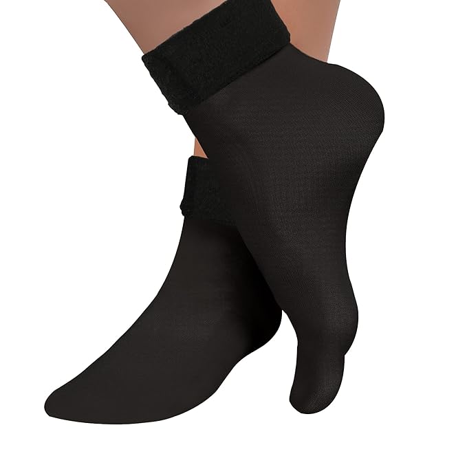 TENDSY Women's Thermal Fleece Winter Socks, Pack of 3, Black and Beige