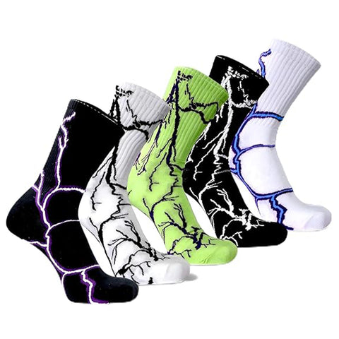TENDSY Men’s and Women's Crew Socks Pack of 5 - Lightning Bolt Printed Cotton Athletic Sports Socks for Gym, Running & Casual Wear - Breathable Comfort, Free Size (Multicolor)