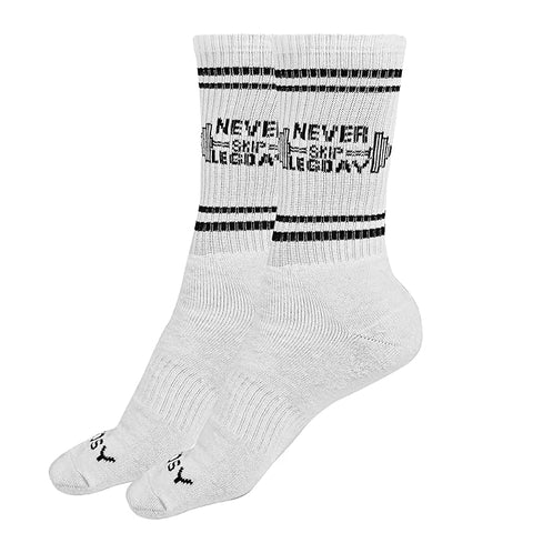 Never Skip Leg Day Athletic Crew Socks, Cotton, Arch Support With Cushioned Base For Gym And Workout, White, 1 Pair