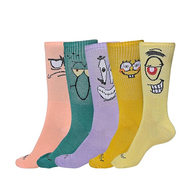 Funny Face Crew Socks, 5 Pairs, Pastel Colours, Comic Expression Design