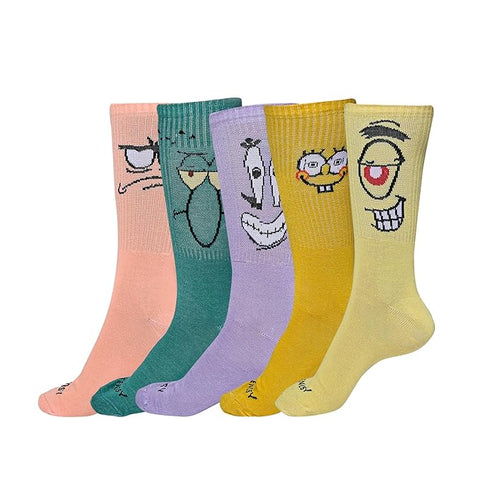 Funny Face Crew Socks, 5 Pairs, Pastel Colours, Comic Expression Design