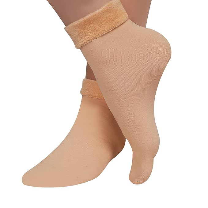 TENDSY Women's Thermal Fleece Winter Socks, Pack of 3, Black and Beige
