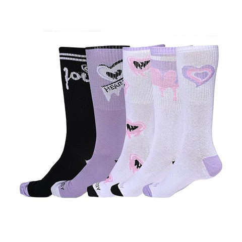 Heart Pattern Crew Socks, Cotton, Pack of 5, Black, White and Purple