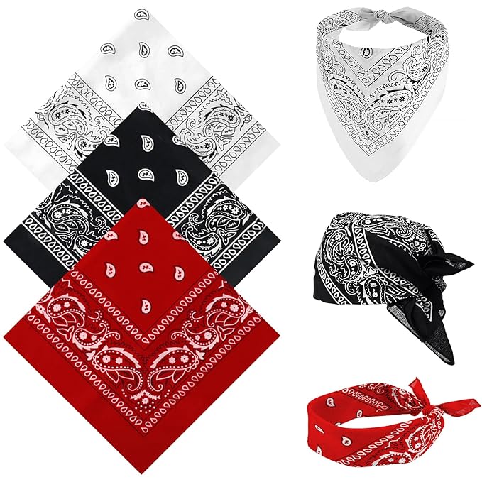 TENDSY 3 Pcs Paisley Bandana, Multifunctional Headbands for Men & Women, Stylish & Versatile Unisex Bandana for Cycling, Face Mask, Neckerchief & Handkerchief (Black, White, Red)