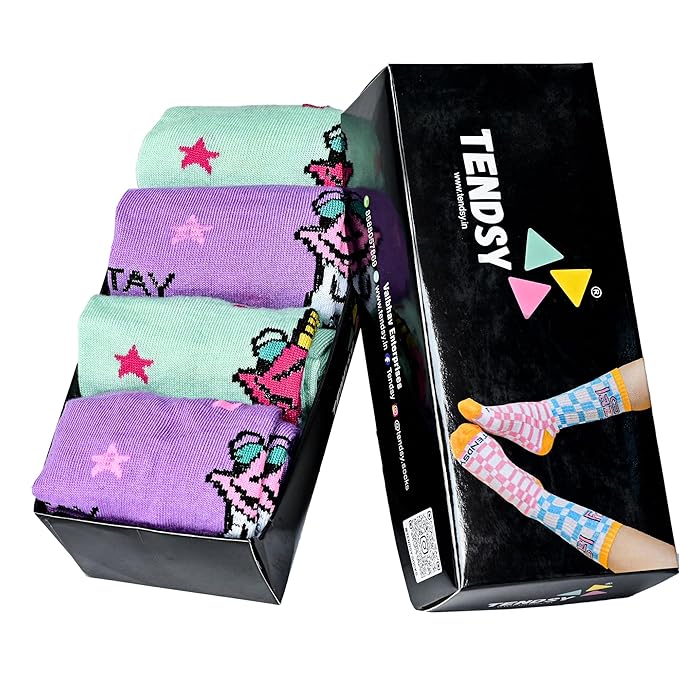 Crew Socks with Unicorn Print, Purple and Mint Green (Set 4 Pairs)
