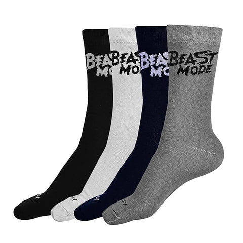 Cotton Beast Mode Sports Socks, Athletic Crew Socks, Pack of 4 (Black, White, Navy, Grey)