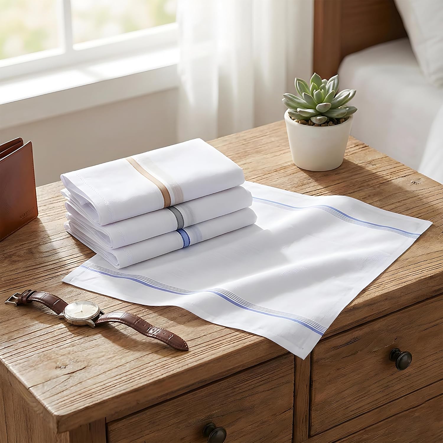 Cotton Men's Handkerchief Set | Premium White Striped (12 Pack)