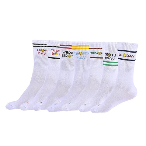 Days of the Week Socks, White Cotton Mid Calf/Crew Socks, Emoji Design, 7 Pairs Set