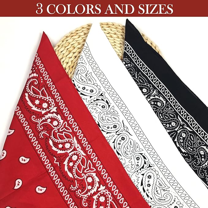 TENDSY 3 Pcs Paisley Bandana, Multifunctional Headbands for Men & Women, Stylish & Versatile Unisex Bandana for Cycling, Face Mask, Neckerchief & Handkerchief (Black, White, Red)