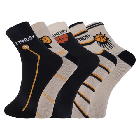 TENDSY Kids Cotton Ankle Socks Pack of 5 | Boys & Girls Basketball Sports Print | Soft Breathable School Casual Socks