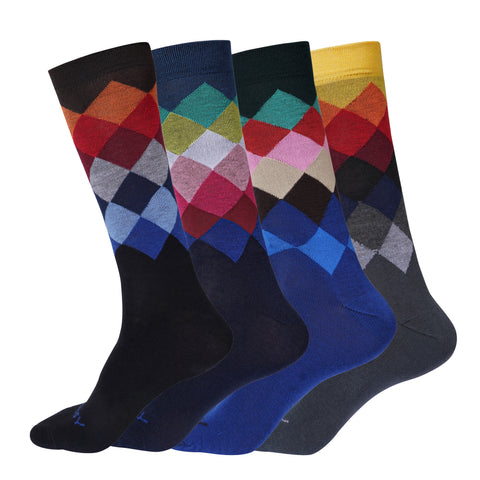 TENDSY Men’s Argyle Crew Socks – Stylish, Cotton Rich, Formal & Casual – Soft, Breathable, Multicolor Designer Socks for Office, School, Gym & Daily Use – Pack of 4