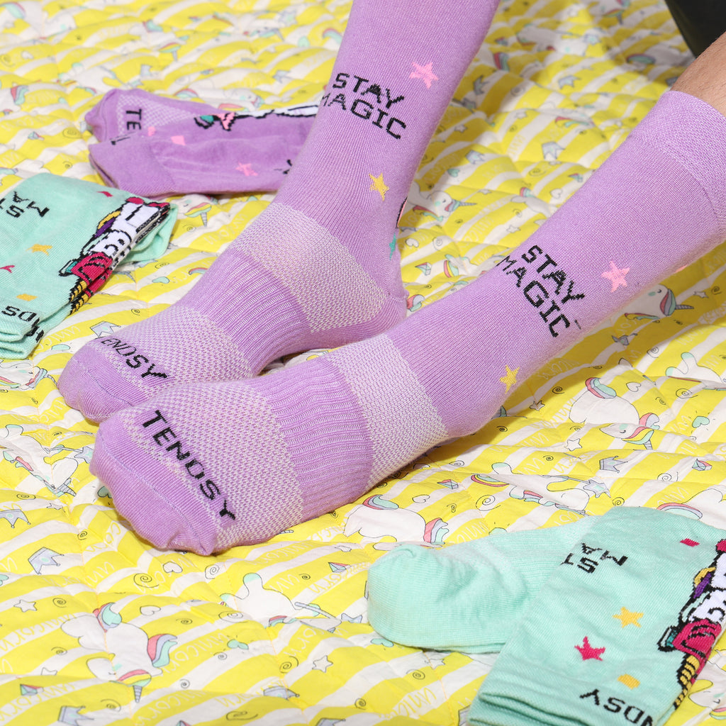 Crew Socks with Unicorn Print, Purple and Mint Green (Set 4 Pairs)