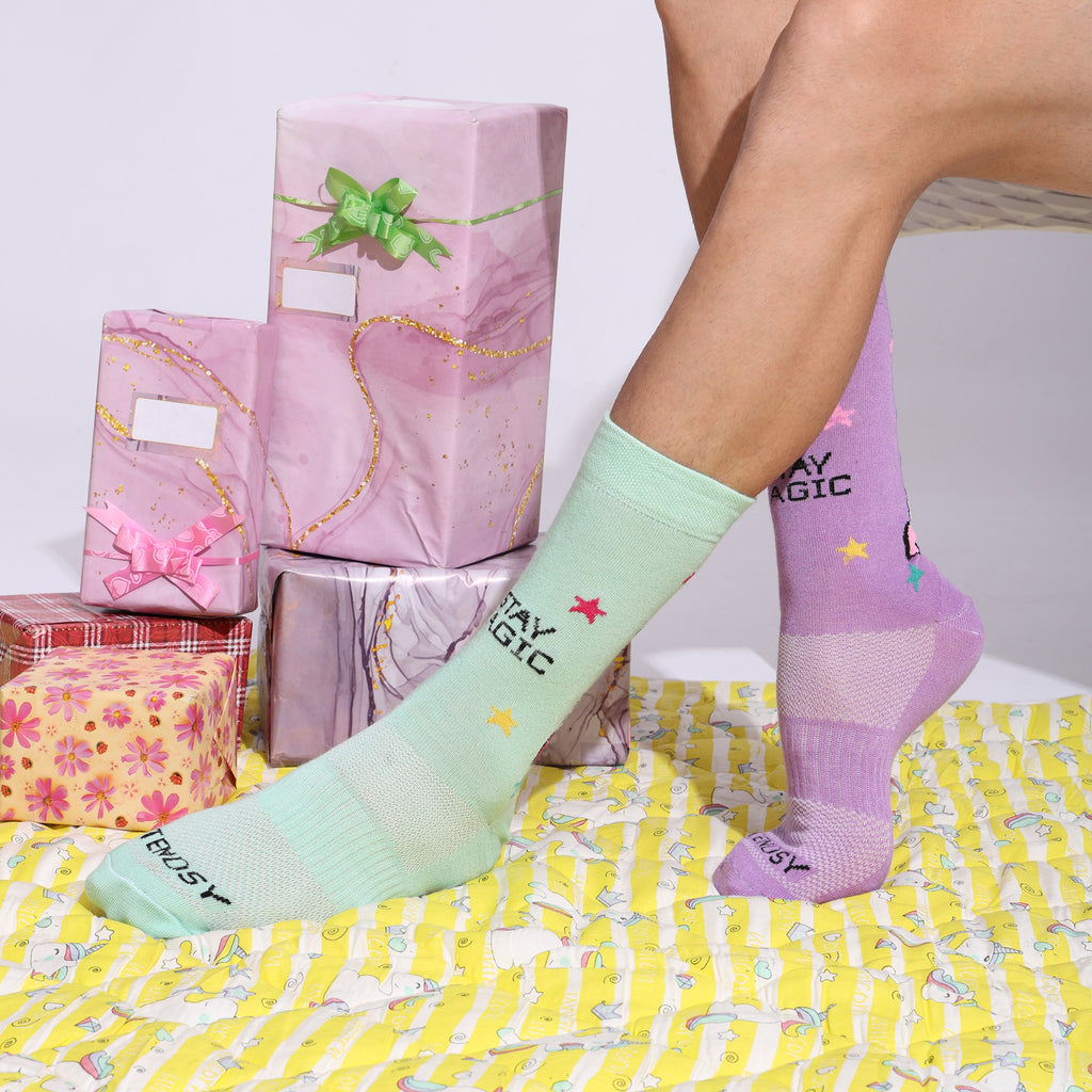 Crew Socks with Unicorn Print, Purple and Mint Green (Set 4 Pairs)