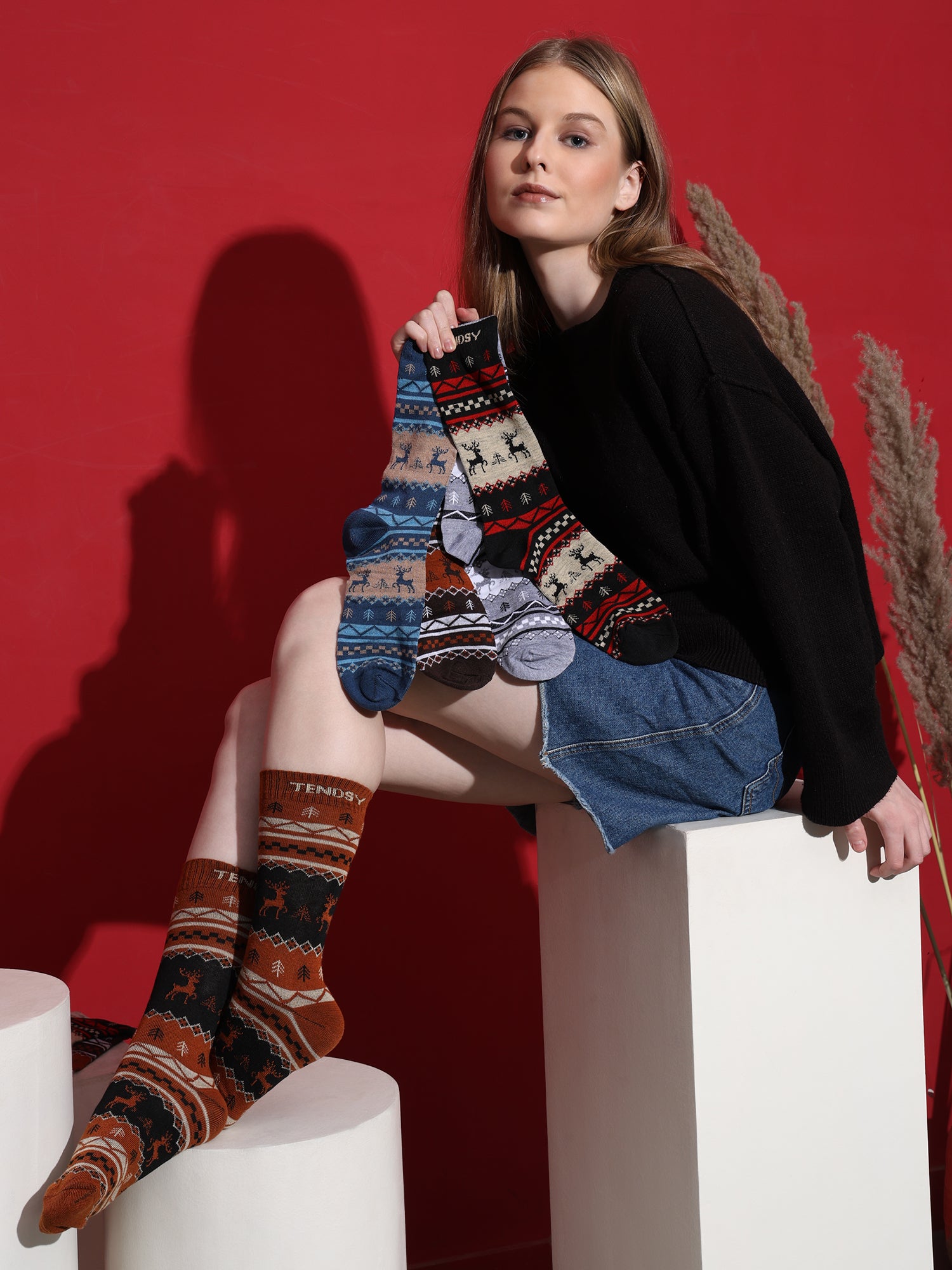 Angora Wool Blend Crew Socks, Set of 5 Pairs, Multi Colours