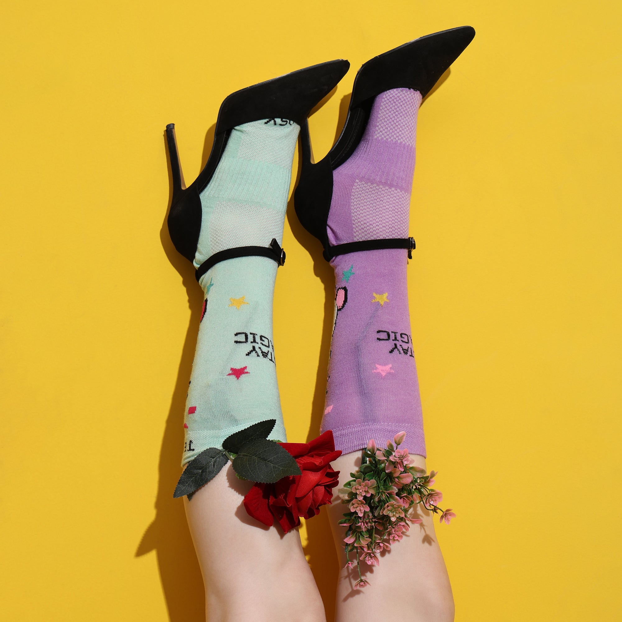 Crew Socks with Unicorn Print, Purple and Mint Green (Set 4 Pairs)