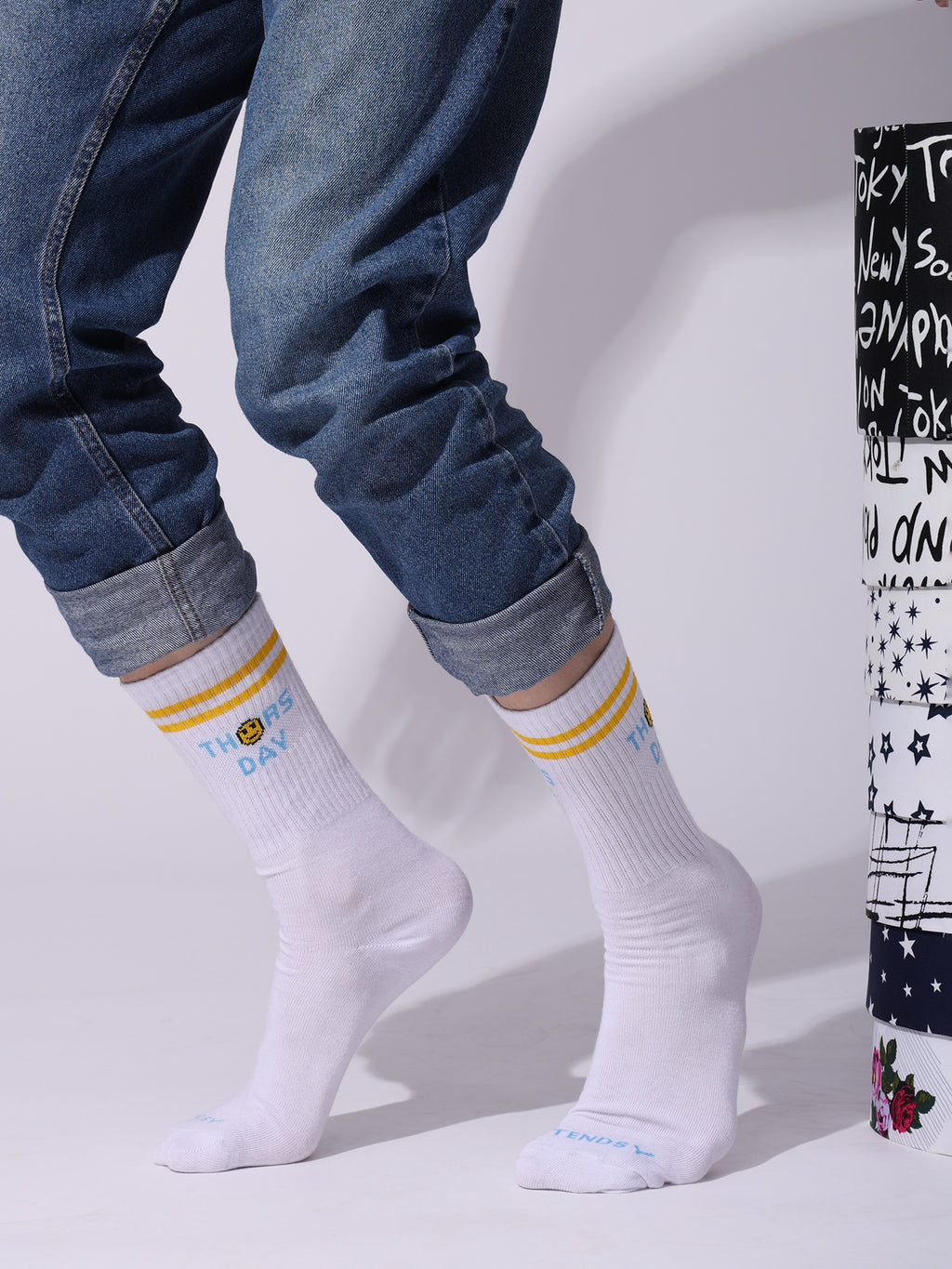 Days of the Week Socks, White Cotton Mid Calf/Crew Socks, Emoji Design, 7 Pairs Set