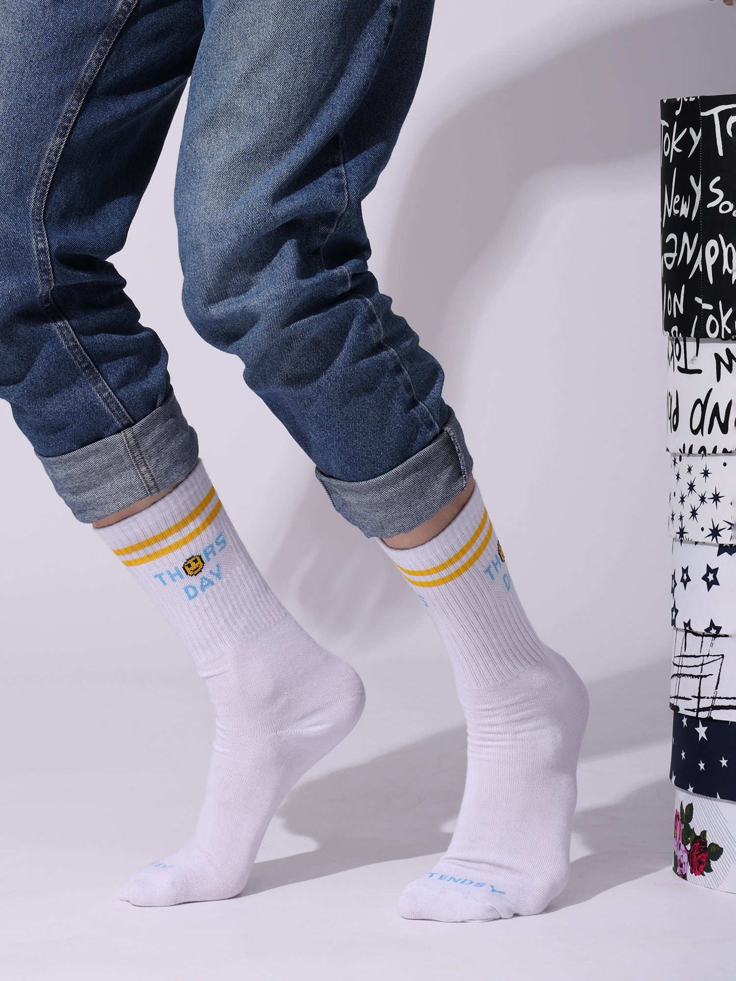 Days of the Week Socks, White Cotton Mid Calf/Crew Socks, Emoji Design, 7 Pairs Set